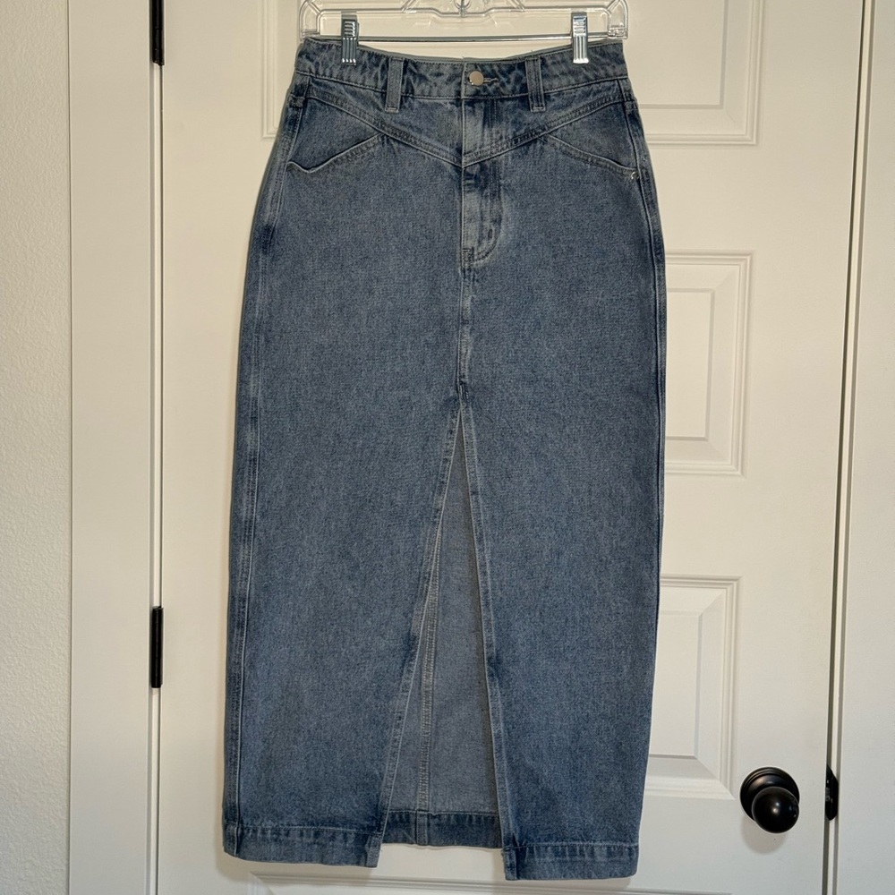 Lichi Classic Midi Denim Skirt with Front Slit